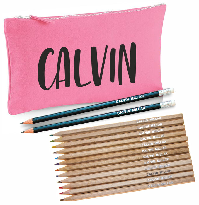Pink Canvas Pencil Case with 12 Colouring and 2 HB Pencils