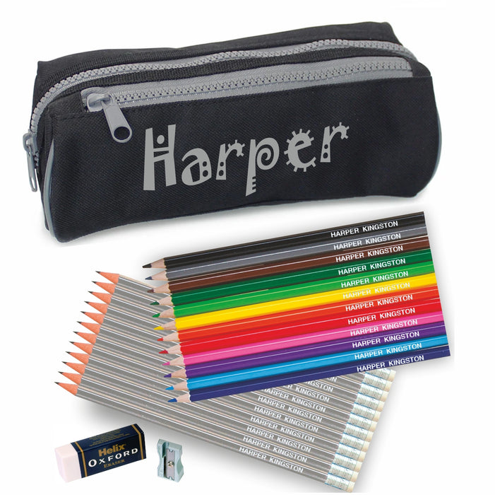 Double Zip Pencil Case with Coloured & 12 Pencils