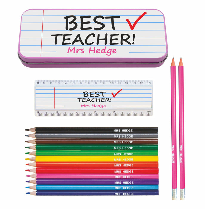 Personalised Tin Set - Best Teacher Pink