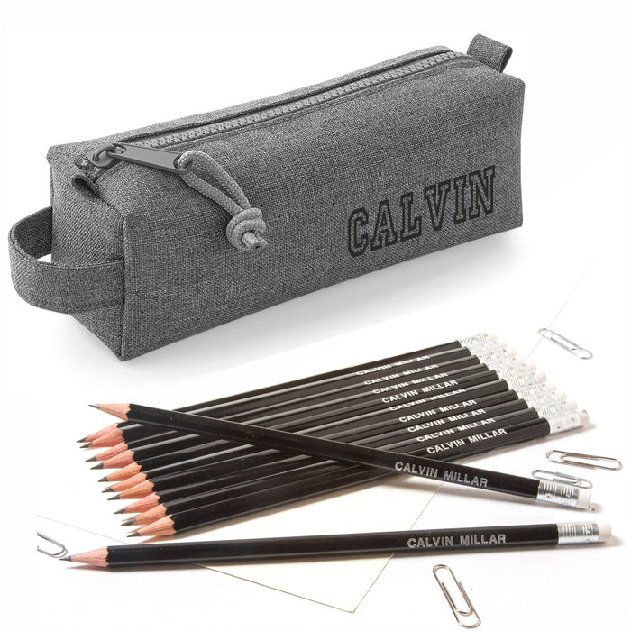 Grey Block Style Case with 12 HB Pencils with Erasers