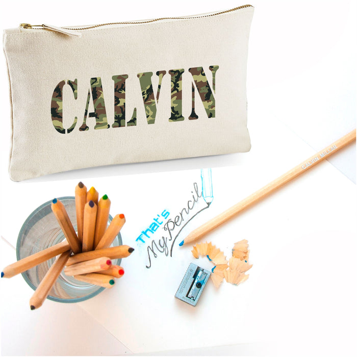 Camouflage Print Canvas Pencil Case with Pencils