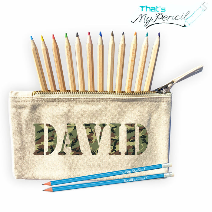 Camouflage Print Canvas Pencil Case with Pencils