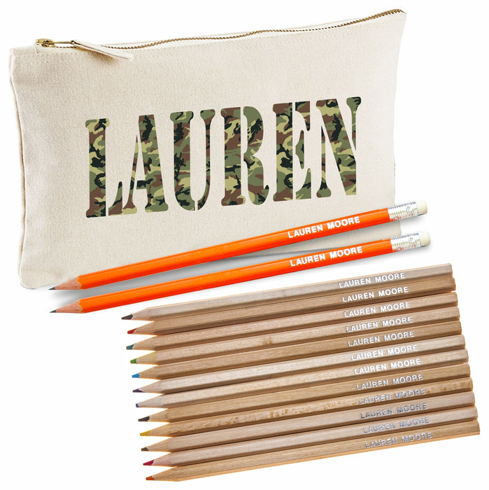 Camouflage Print Canvas Pencil Case with Pencils