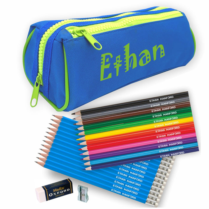 Double Zip Pencil Case with Coloured & 12 Pencils