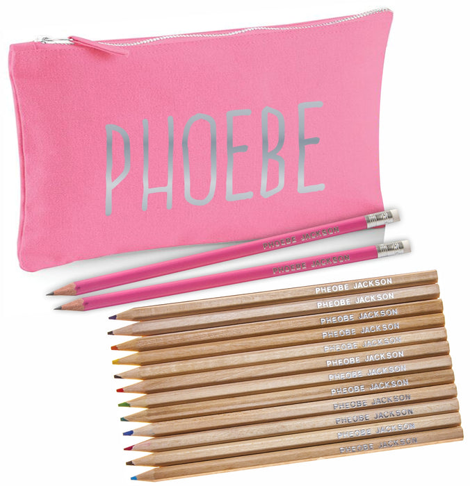 Pink Canvas Pencil Case with 12 Colouring and 2 HB Pencils