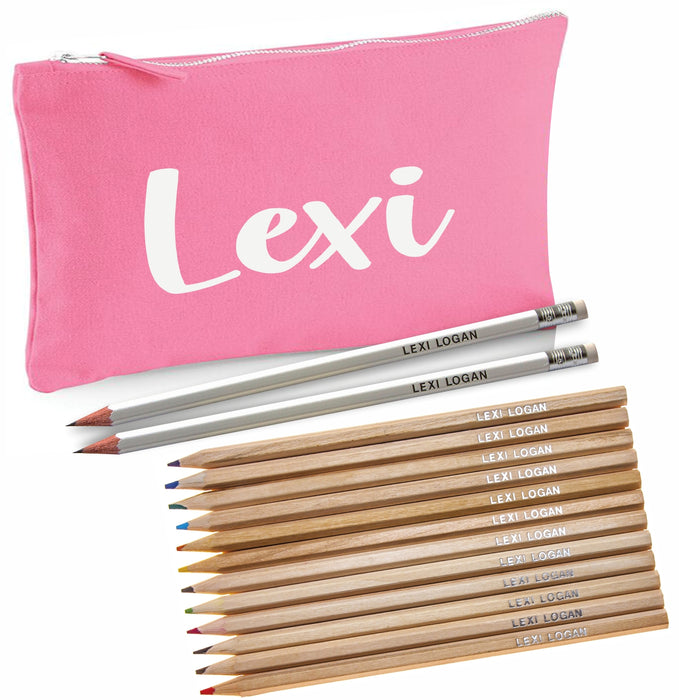 Pink Canvas Pencil Case with 12 Colouring and 2 HB Pencils