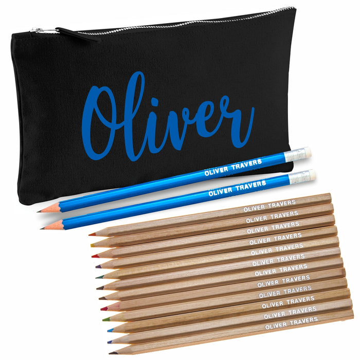 Black Canvas Pencil Case with 12 Colouring Pencils and 2 HB Pencils