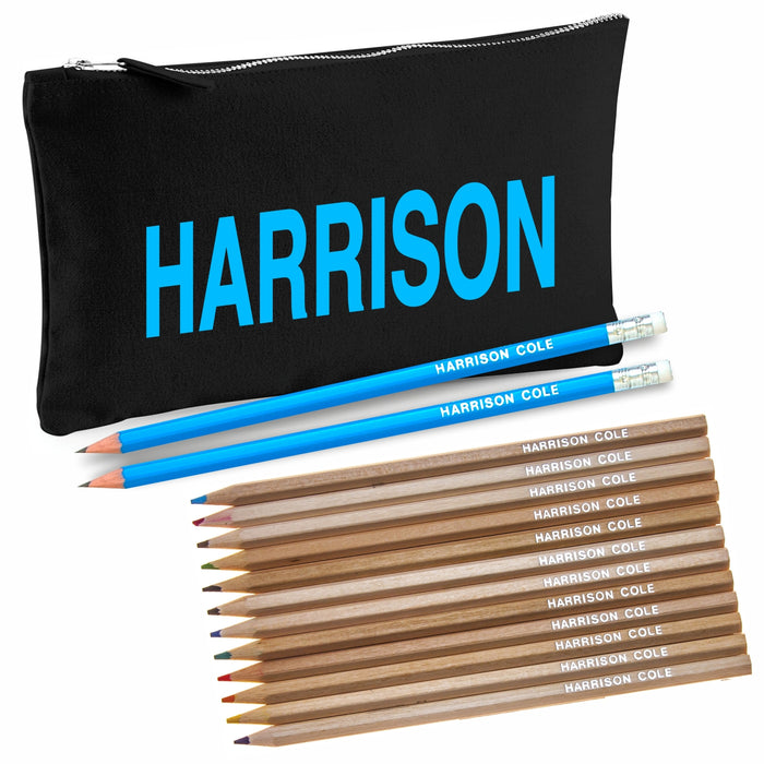 Black Canvas Pencil Case with 12 Colouring Pencils and 2 HB Pencils