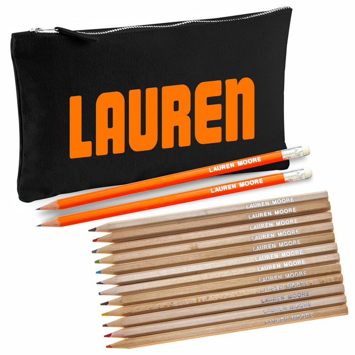Black Canvas Pencil Case with 12 Colouring Pencils and 2 HB Pencils