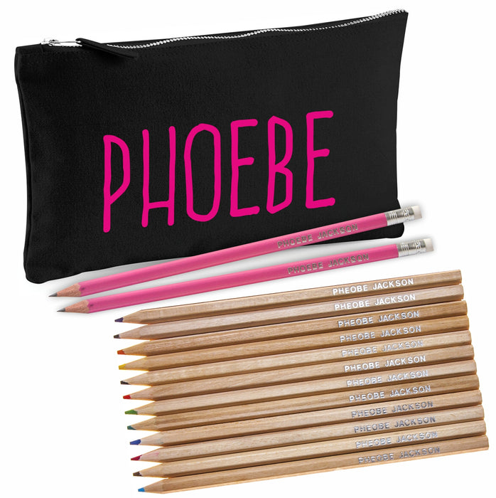 Black Canvas Pencil Case with 12 Colouring Pencils and 2 HB Pencils