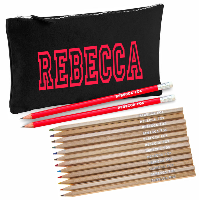 Black Canvas Pencil Case with 12 Colouring Pencils and 2 HB Pencils