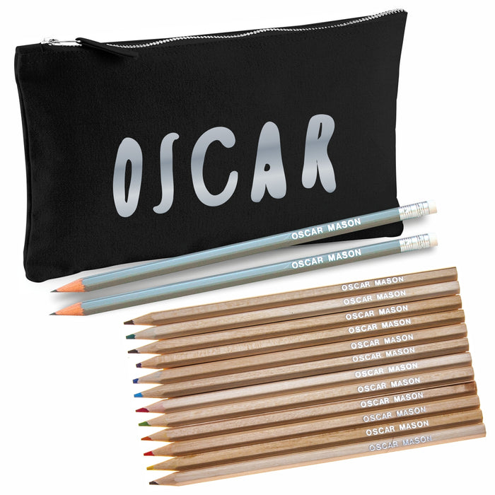 Black Canvas Pencil Case with 12 Colouring Pencils and 2 HB Pencils