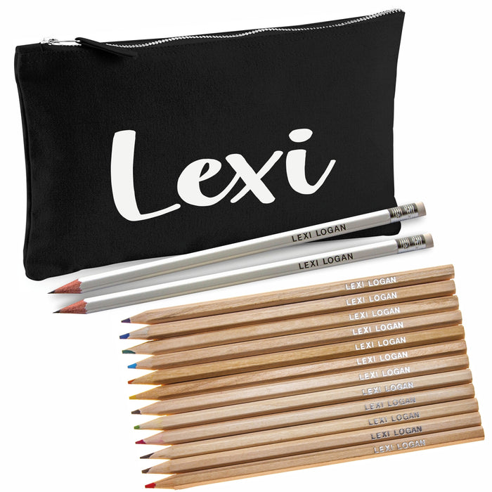 Black Canvas Pencil Case with 12 Colouring Pencils and 2 HB Pencils