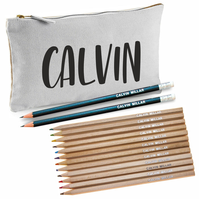 Grey Canvas Pencil Case with 12 Colouring and 2 HB Pencils