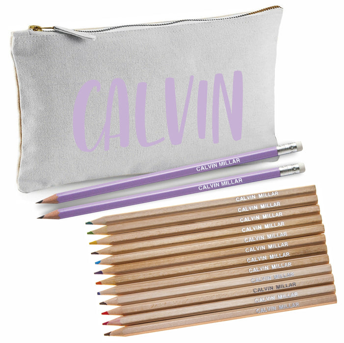 Grey Canvas Pencil Case with 12 Colouring and 2 HB Pencils