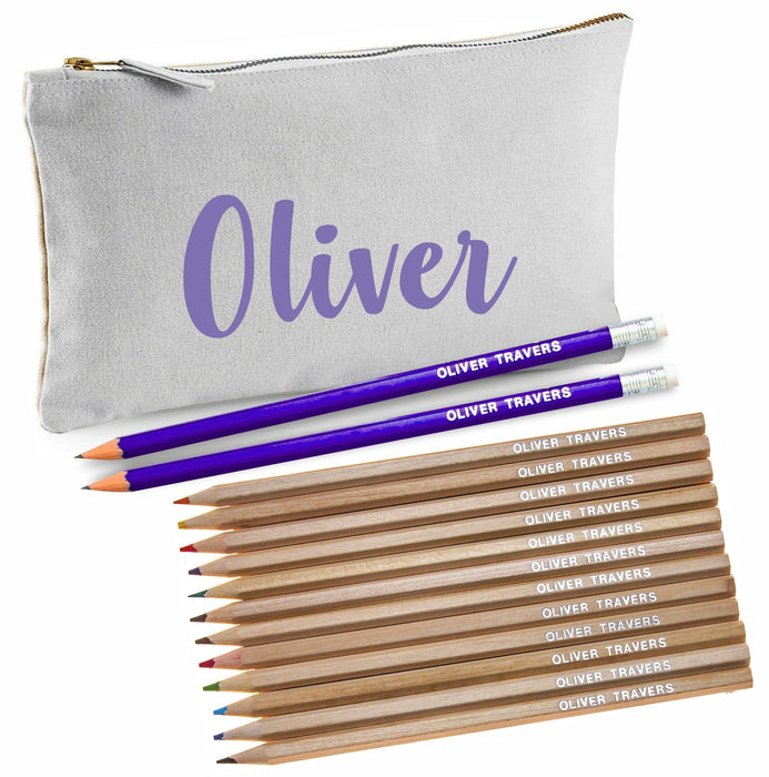 Grey Canvas Pencil Case with 12 Colouring and 2 HB Pencils