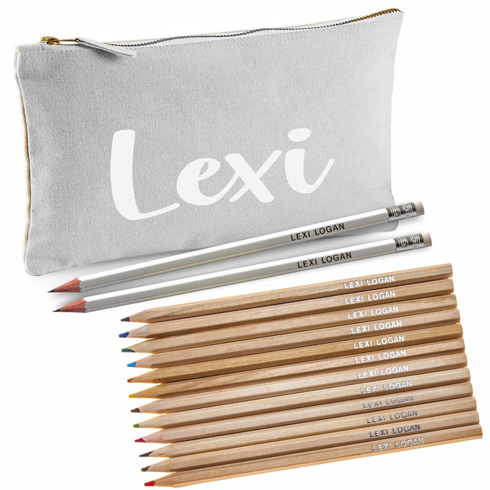 Grey Canvas Pencil Case with 12 Colouring and 2 HB Pencils